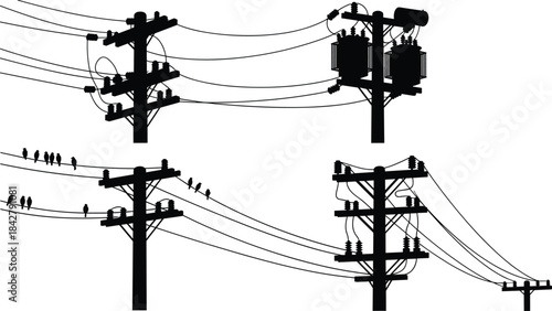Utility pole silhouette illustration, electrical transformer vector, power line infrastructure design, industrial energy distribution artwork, bird on wire scene, black network graphic
