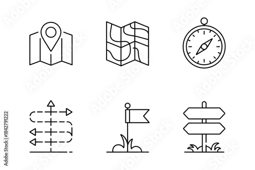A set of navigation and direction icons including map, compass, and signpost