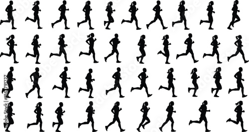 Running silhouette collection, black human motion poses, athletic gait cycle, fitness movement illustration, sports training reference, dynamic runner shapes
