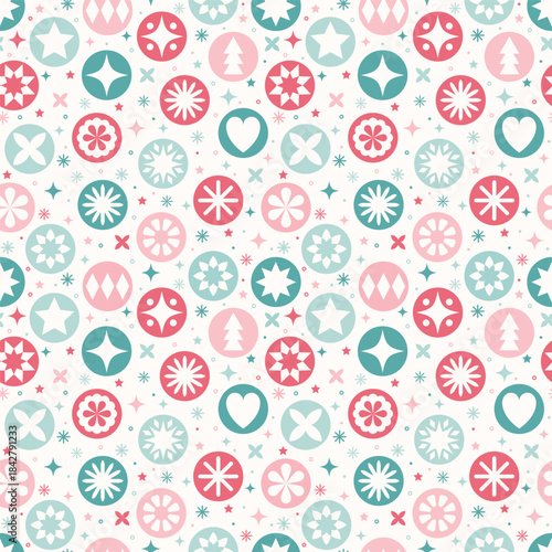 Colourful Christmas seamless texture in modern style. Abstract decorations with stars and snowflakes. Vector illustration