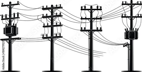 Utility pole silhouette illustration, electrical transformer vector, power line infrastructure design, industrial energy distribution artwork, grid system concept, black network graphic