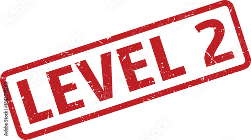 Red Distressed Level 2 Rubber Stamp on White Background for Game Design or Progress