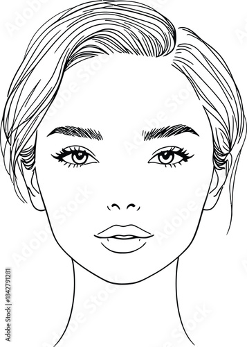 Monochrome Vector Illustration of Human Face Depicted in Minimalist Line Art Featuring Detailed Eyes, Eyebrows, Nose, Lips, Ears, and Hair Texture to Represent Portrait Study, Anatomical Proportion, 