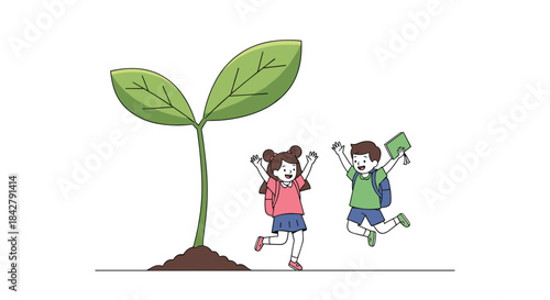 Joyful elementary students with backpacks jump excitedly next to a growing seedling, symbolizing education, development, and new beginnings.