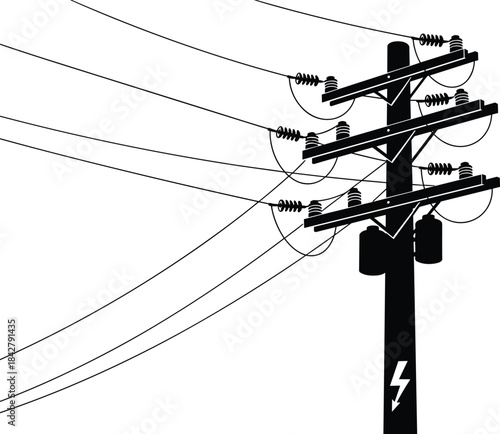 Utility pole silhouette, electrical infrastructure, power lines, transformer icon, high voltage symbol, energy grid, distribution system, vector sketch, industrial art, silhouette design