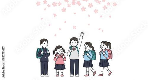Happy Japanese school children in uniforms with randoseru stand smiling under falling cherry blossom petals, symbolizing spring and new beginnings.