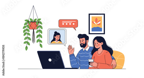 A cheerful couple engages in a video conference from home, using a laptop to communicate with another person.