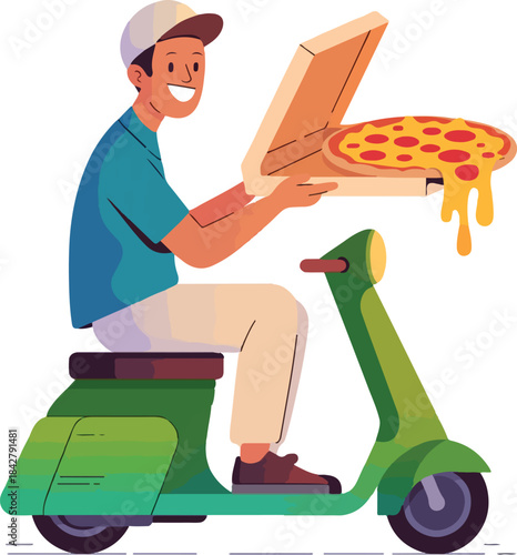Smiling man on green scooter delivering open pizza box with melting cheese pizza delivery moped