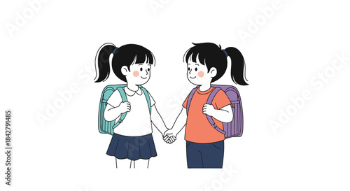 Two cheerful schoolgirls, wearing backpacks and holding hands, walk together, symbolizing friendship and the joy of learning.
