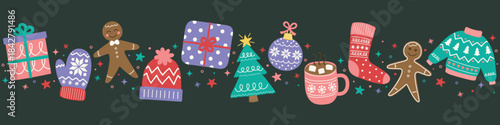 Hand drawn Christmas elements. Christmas tree, ball, present, sock, cookie, cup, hat, gloves. Vector illustration