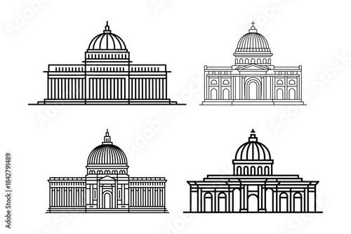 Collection of four black and white line art icons of classical domed buildings