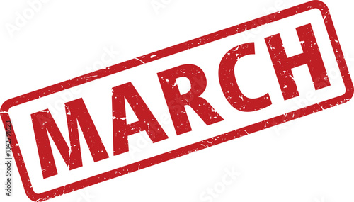 Red March Grunge Rubber Stamp Illustration, Calendar Month Concept Element, Isolated on White