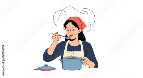 A cheerful woman in a kitchen tastes her homemade soup from a steaming pot, ensuring the delicious meal is perfectly seasoned.