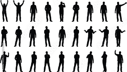 Silhouette grid of expressive standing poses, black figures, white background, body language gestures, character design, posture diversity, animation reference