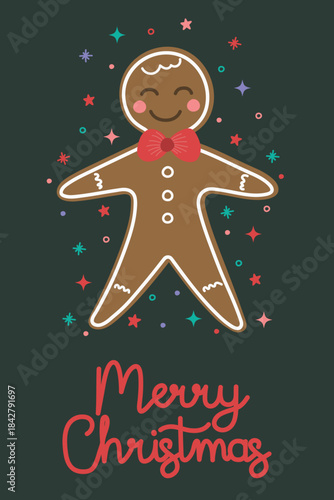 Christmas greeting card with funny hand drawn gingerbread cookie. Vector illustration