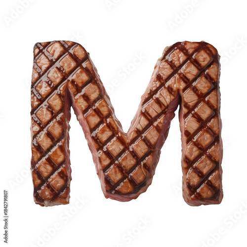 Grilled steak letter M isolated on a transparent background meat