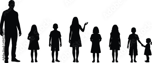 Silhouette of seven people in age progression, family group with child holding hands, black figures in standing poses illustration