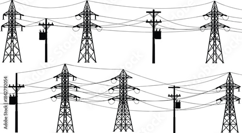 Silhouette of transmission towers and utility poles, electrical infrastructure, black figures, white background, transformers, power lines, distribution system