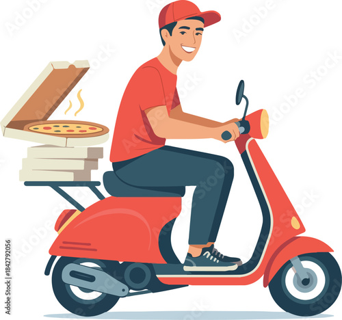 Smiling man in red shirt and cap riding red scooter with pizza delivery driver