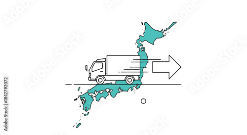 Illustration of a delivery truck traversing the map of Japan, symbolizing fast nationwide logistics and shipping services.