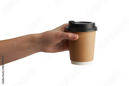 Hand holding brown paper coffee cup with black lid isolated on a transparent background