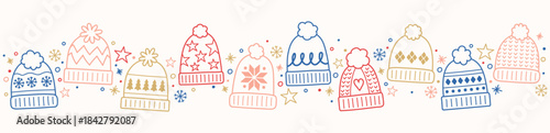 Christmas banner with funny hand drawn winter hats. Vector illustration