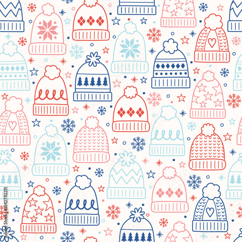 Colourful hand drawn winter hat background. Christmas seamless texture. Vector illustration
