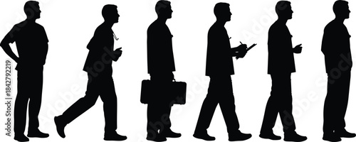 Silhouette sequence of professional journey, black figures, white background, career progression, walking poses, stethoscope attire, transformation theme