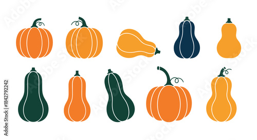 A vibrant collection of stylized autumn pumpkins and gourds in diverse shapes and colors, perfect for seasonal designs.