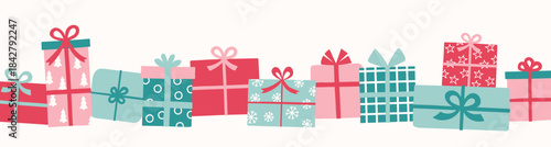 Christmas banner with hand drawn presents with bows. Vector illustration