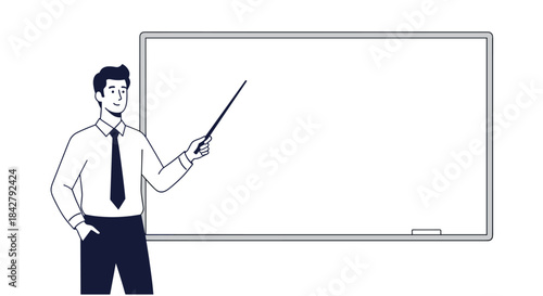 Professional male instructor presenting a lesson or business concept on an empty whiteboard with a pointer, ready for new ideas.