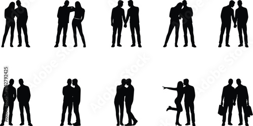 Silhouetted couple poses, human interaction illustration, romantic and casual gestures, black vector icons, relationship concept, people pair collection