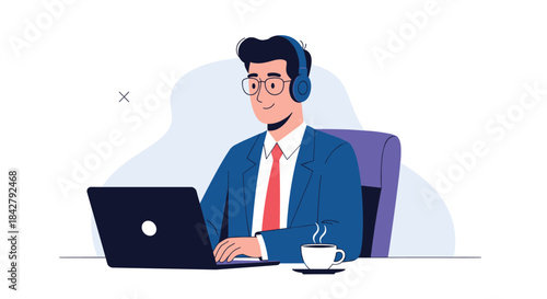 An illustration depicts a smiling young businessman working remotely on a laptop, wearing a suit, glasses, and headphones, with a steaming coffee cup beside him.