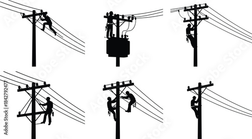 PrintSilhouette, utility workers, power line, maintenance, repair, safety, harness, teamwork, infrastructure, climbing, tools, electricity, labor, pole, job
