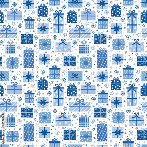 Colourful seamless pattern with cute hand drawn presents. Christmas background concept. Banner. Vector illustration