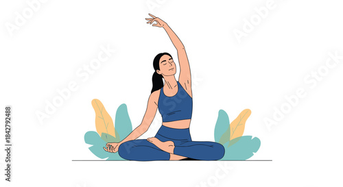 A young woman practicing a mindful side bend yoga pose, finding tranquility and balance amidst stylized nature.