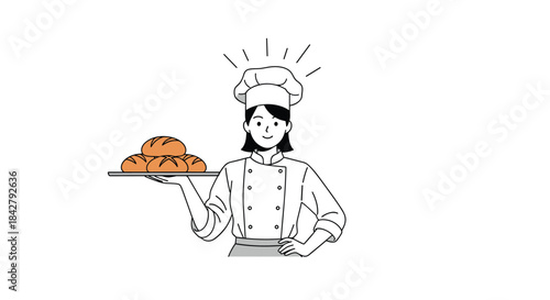 A cheerful female baker in a chef's hat and uniform proudly presents a freshly baked tray of golden-brown bread rolls.