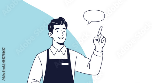 A friendly male in a professional apron smiles and points upwards at an empty speech bubble, ready to share an idea or information.