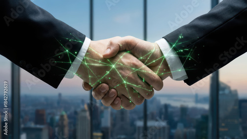 Green finance and ESG partnership handshake, digital network connections symbolize sustainable investment cooperation, high level corporate agreement