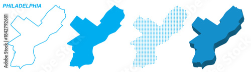 Philadelphia Map Vector Set, Pennsylvania Outline Silhouette Dotted 3D Solid Shapes, Philadelphia City Infographic Template, Editable EPS Philadelphia Geography