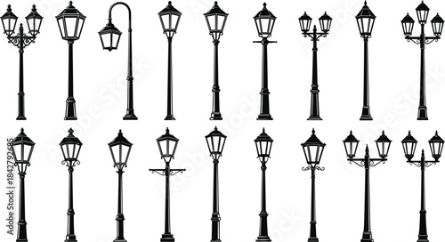 Vintage street lamps, silhouette design, ornate lamp posts, lantern styles, scrollwork poles, urban lighting, historical infrastructure, outdoor decor, classic elegance, architectural sketch