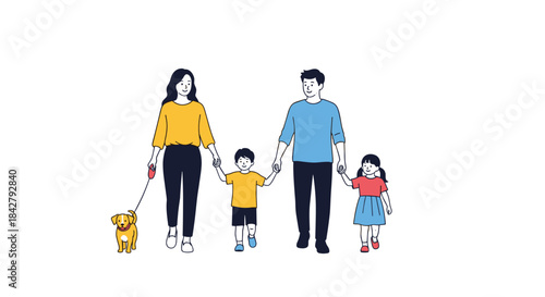 A happy family of four, including two children, walks hand-in-hand with their pet dog on a leash, illustrating togetherness and a joyful outing.