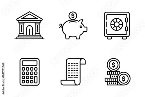 A collection of six outline icons representing key concepts in finance and banking