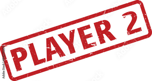 Red Distressed Player 2 Rubber Stamp on White Background with Angled Perspective for Game Illustrations