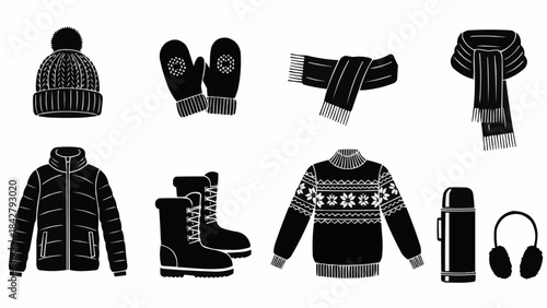 Winter Clothing and Accessories Collection Black and White Illustration.