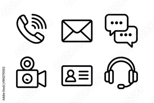 A set of line art icons representing various communication methods like phone, email, chat, and video