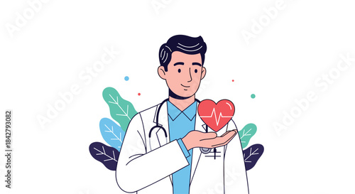 A friendly male doctor in a white lab coat holds a red heart with a heartbeat line, symbolizing cardiac health and medical care.