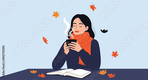 A relaxed woman in an orange scarf enjoys a hot drink and an open book, surrounded by falling autumn leaves.