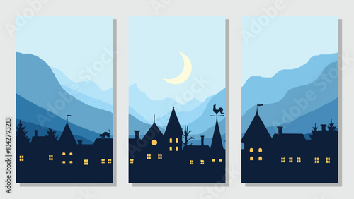 Simple mountain vector flat, landscape background, nature with night village silhouette