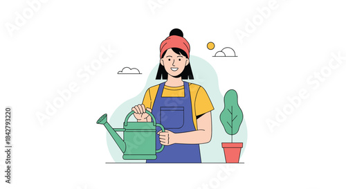 A smiling woman dressed as a gardener holding a watering can next to a potted plant, symbolizing care for nature.